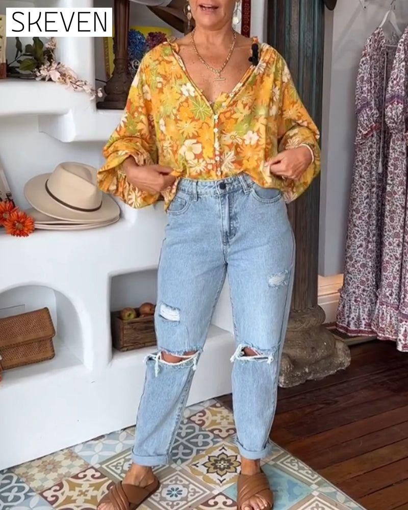 Bluse mit V-Ausschnitt und Blumenmuster