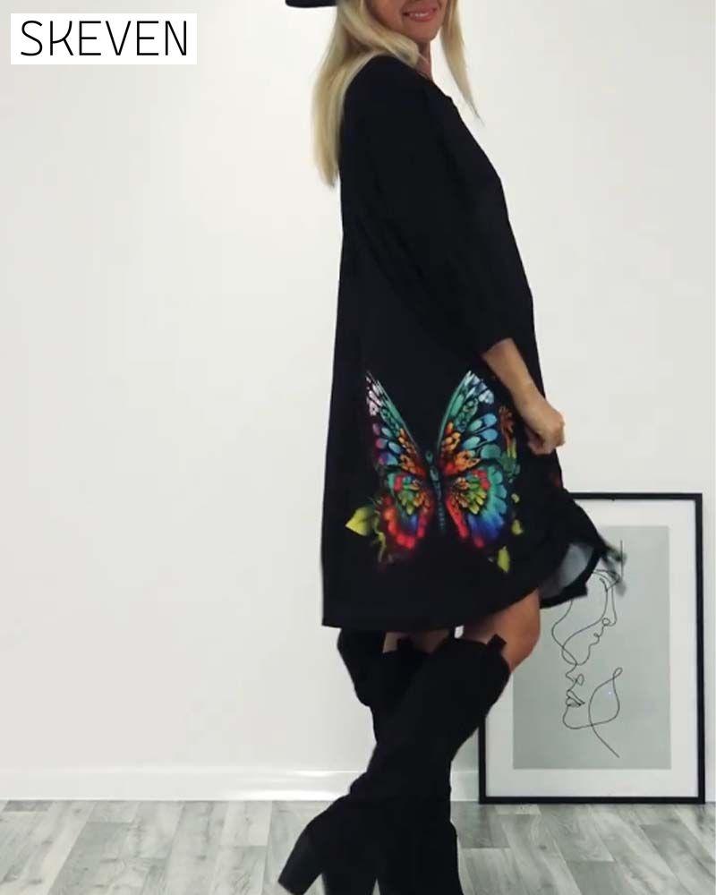 robe à manches longues imprimée papillon avec poches
