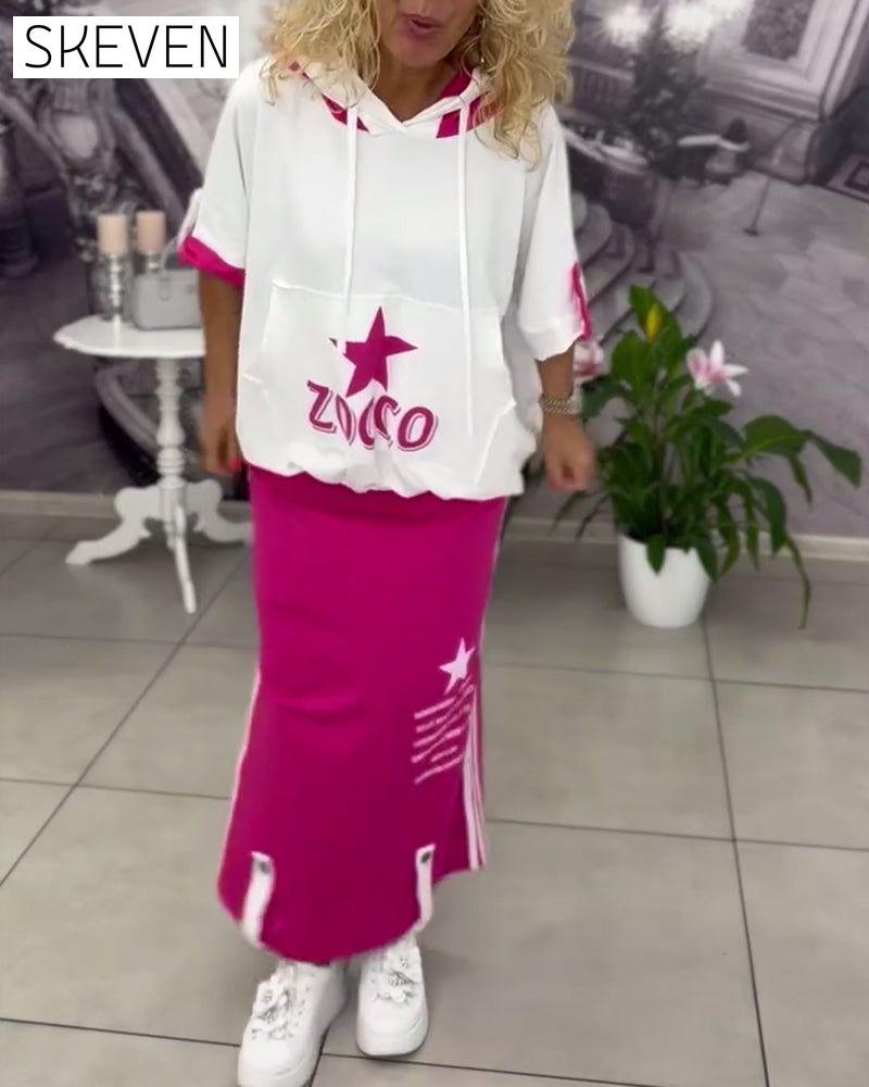 Hooded Drawstring Printed Skirt Set