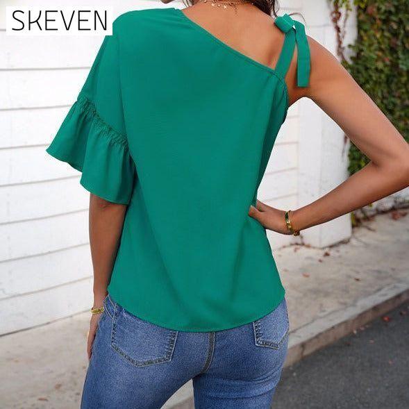Women's fashion diagonal collar Ruffle Sleeve Chiffon Top clothes off the shoulder shirt shirt shirts short sleeve short sleeve shirt short sleeve top tops Tops/Blouses