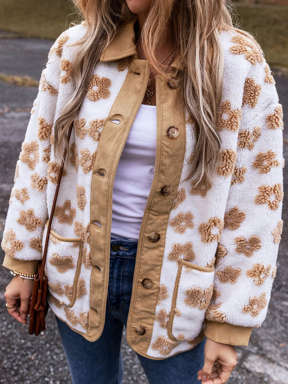 Flower Pattern Button Up Fleece Jacket
