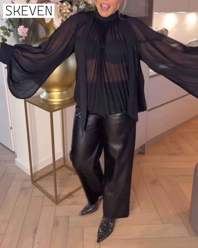 Solid Color Batwing Sleeve Ribbon Blouse