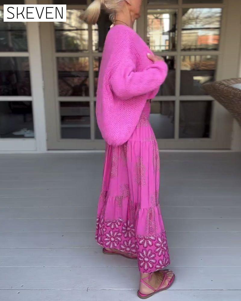 Einfarbige, langärmelige Freizeitstrickjacke