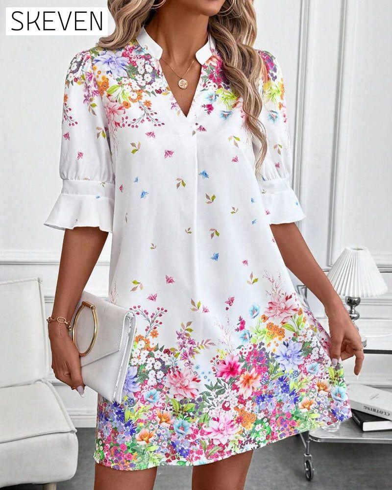 V-Neck Puff Sleeve Printed Dress