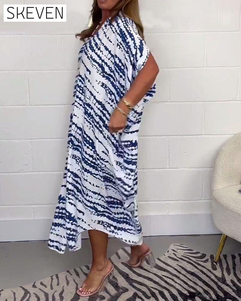 Printed V-neck buttoned loose long dress spring summer
