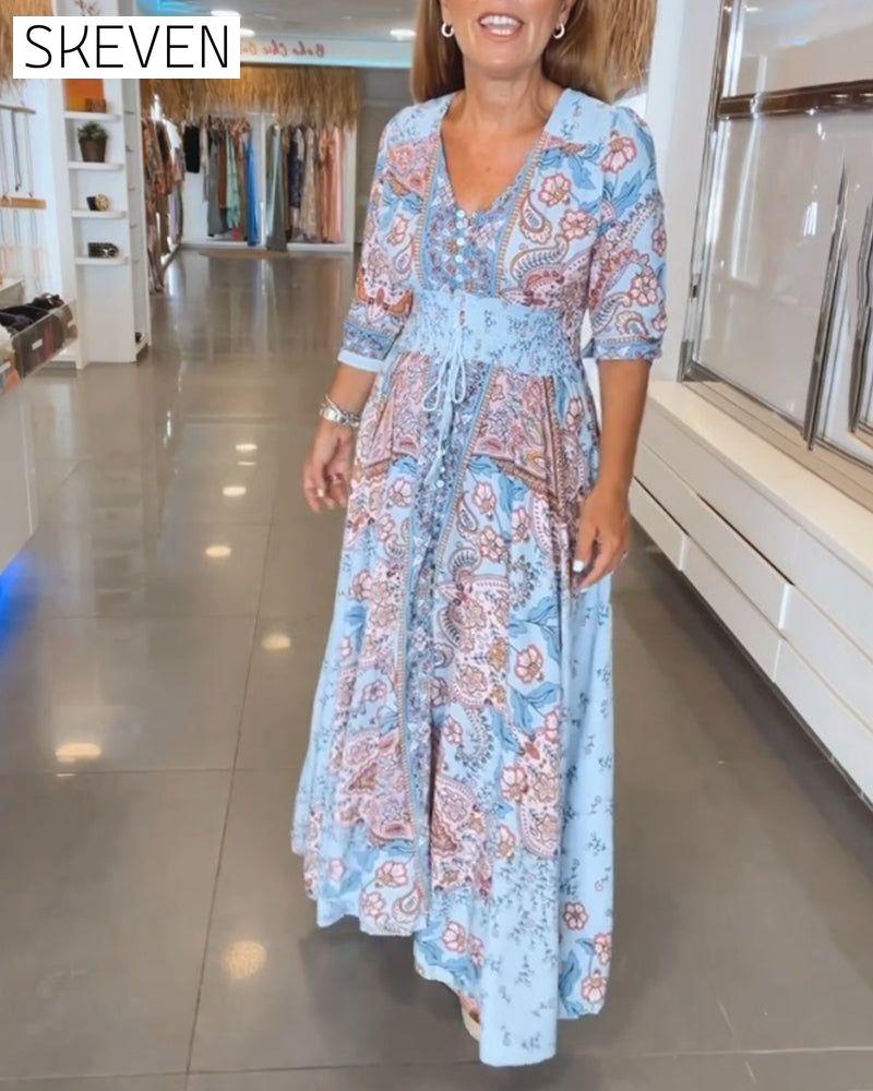 V-Neck 3/4 Sleeve Vacation Dress