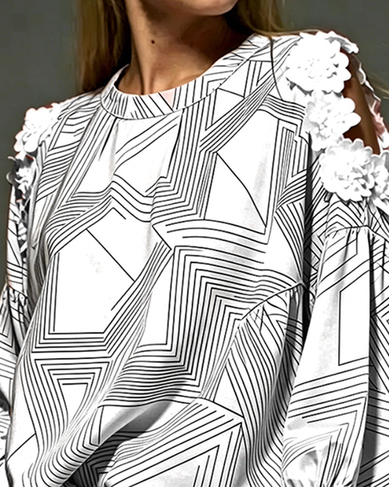 Crew Neck Off-Shoulder Geometric Loose Blouse