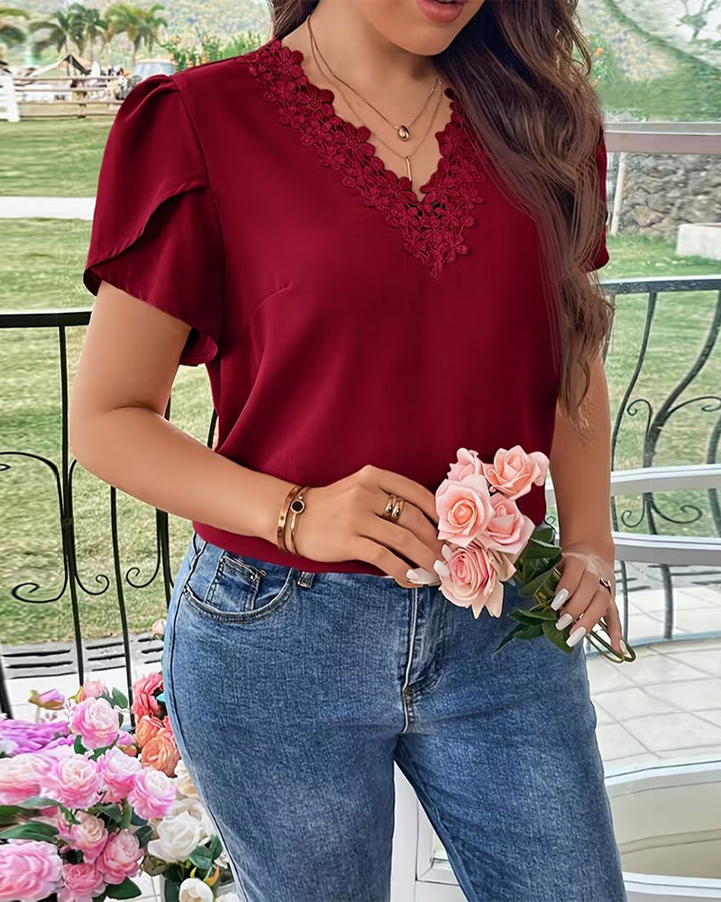 V-Neck Solid Color Puff Sleeve Blouse