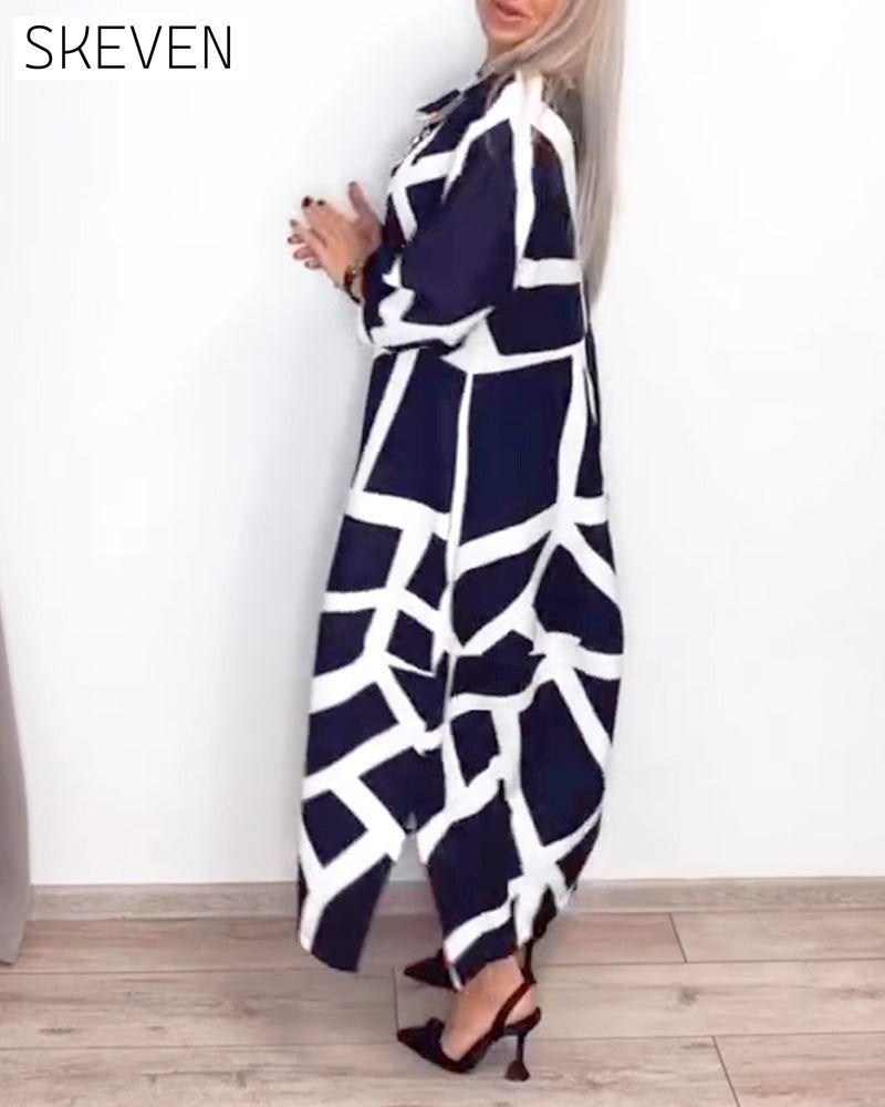 Lapel Loose Geometric Print Dress
