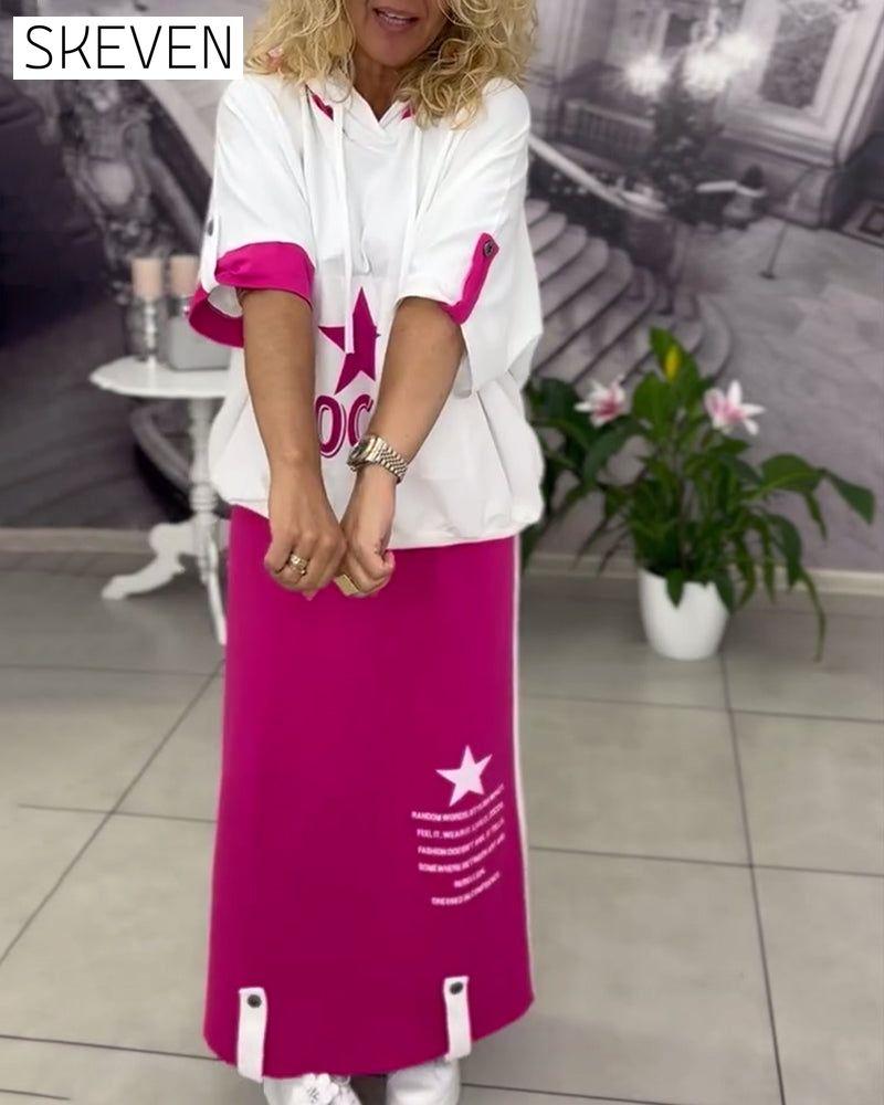 Hooded Drawstring Printed Skirt Set