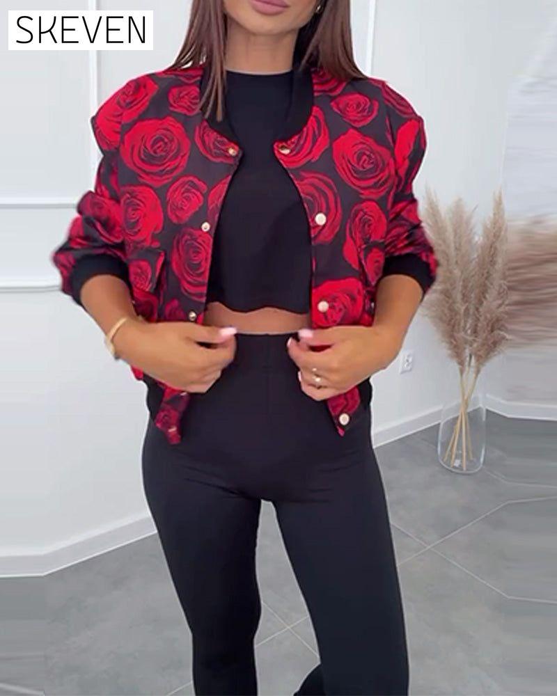 Rose print button casual jacket