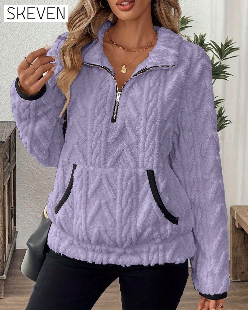 Lapel Zipper Front Fuzzy Sweatshirt