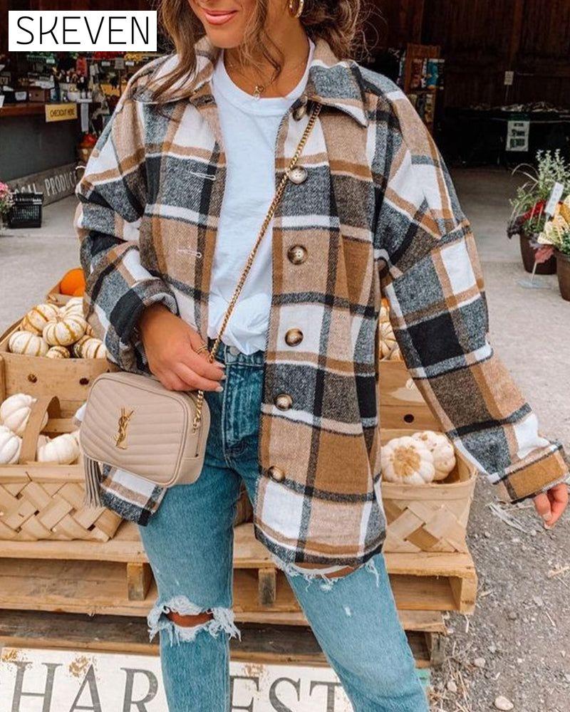 Casual plaid print button lapel jacket