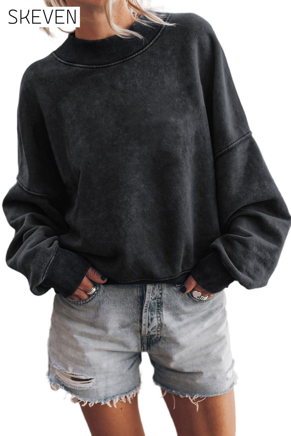Black Drop Shoulder Crew Neck Pullover Sweatshirt All In Stock Best Sellers clothes Craft Washed EDM Monthly Recomend Hot picks Occasion Daily Print Solid Color Season Winter Style Casual Sweater sweaters Sweatshirt