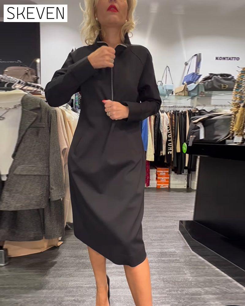 einfarbiges Kleid mit Stehkragen und Reißverschluss