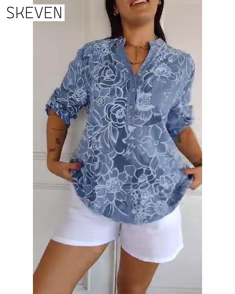 Bedruckte Bluse mit V-Ausschnitt und Knopfleiste
