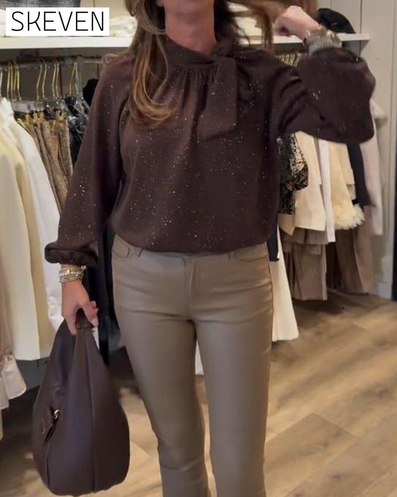 Ribbon Puff-Sleeve Shimmer Elegant Blouse