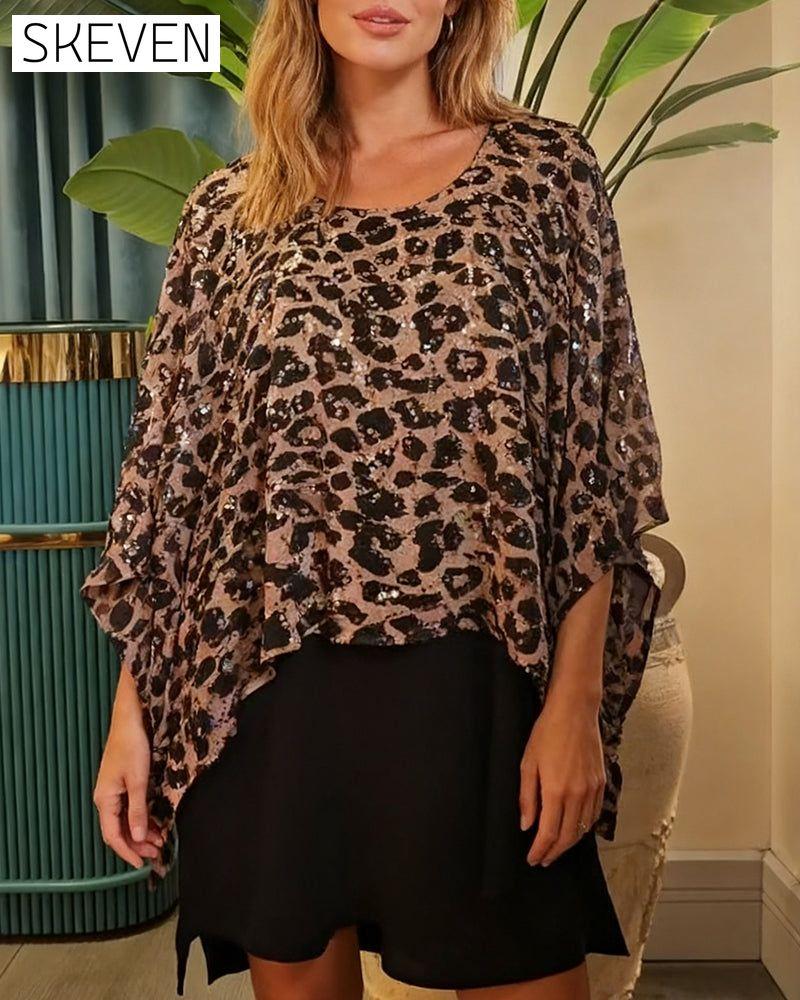 Leopard Print Sequined Batwing Sleeve T-Shirt