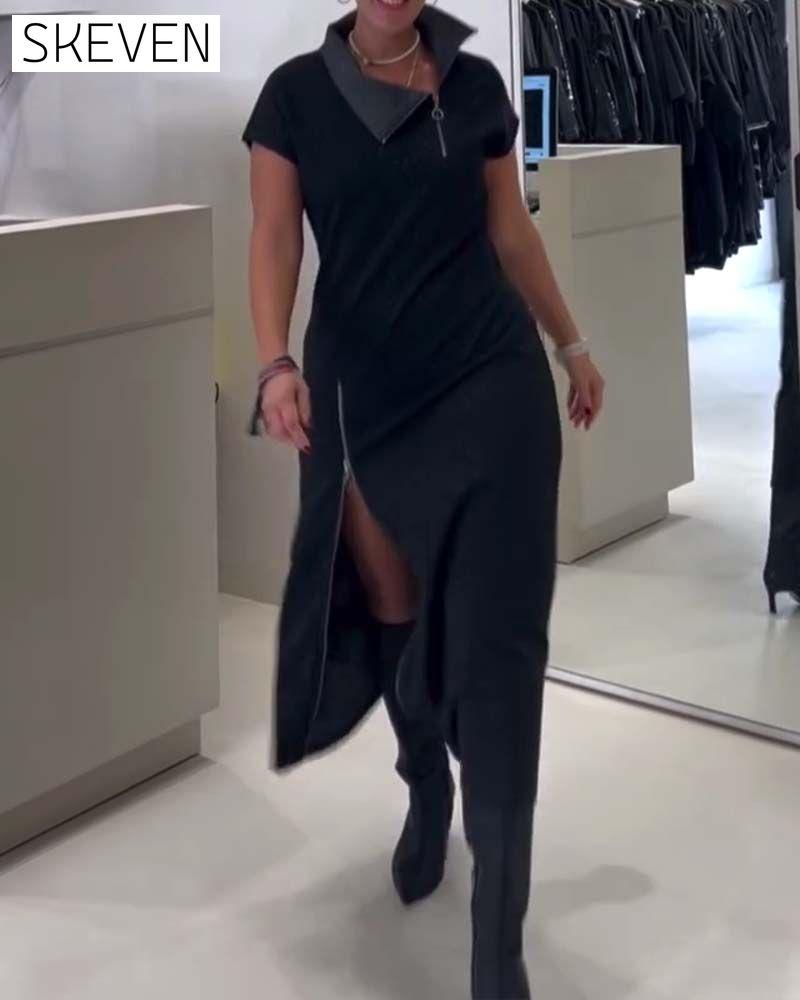 Robe décontractée asymétrique à col zippé et fente