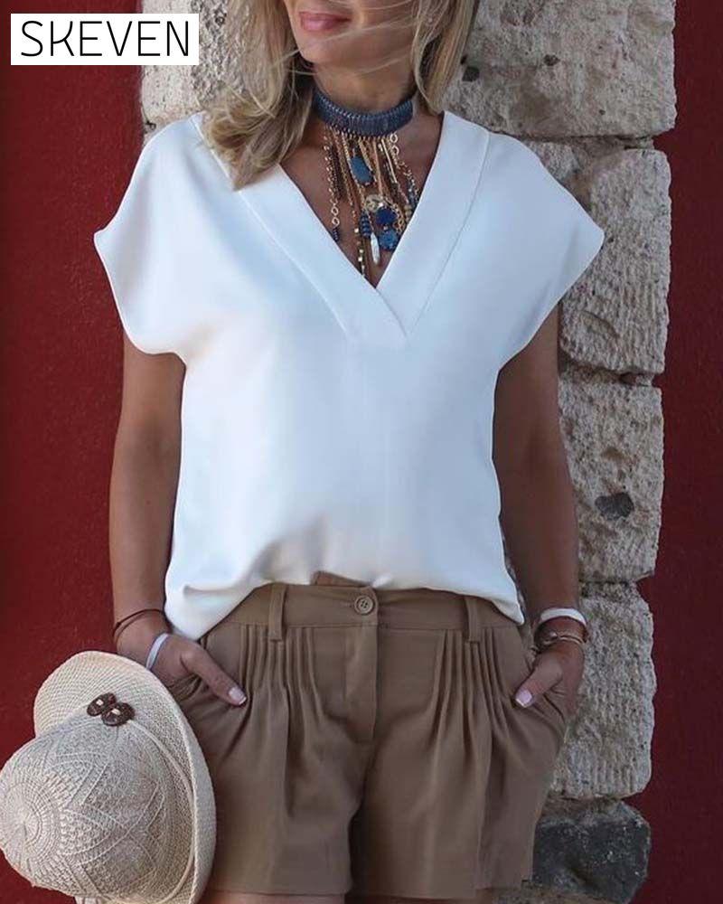 V-neck short-sleeved solid color blouse