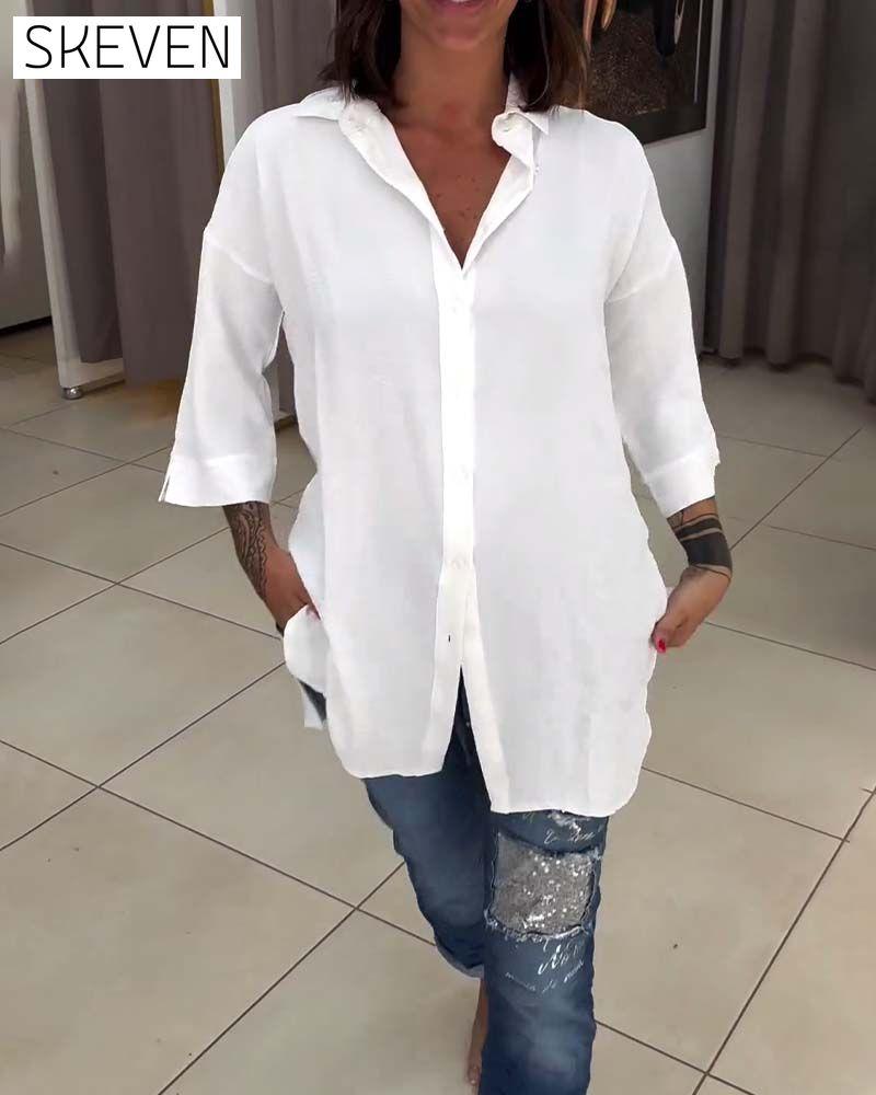 Lapel solid color button-down shirt