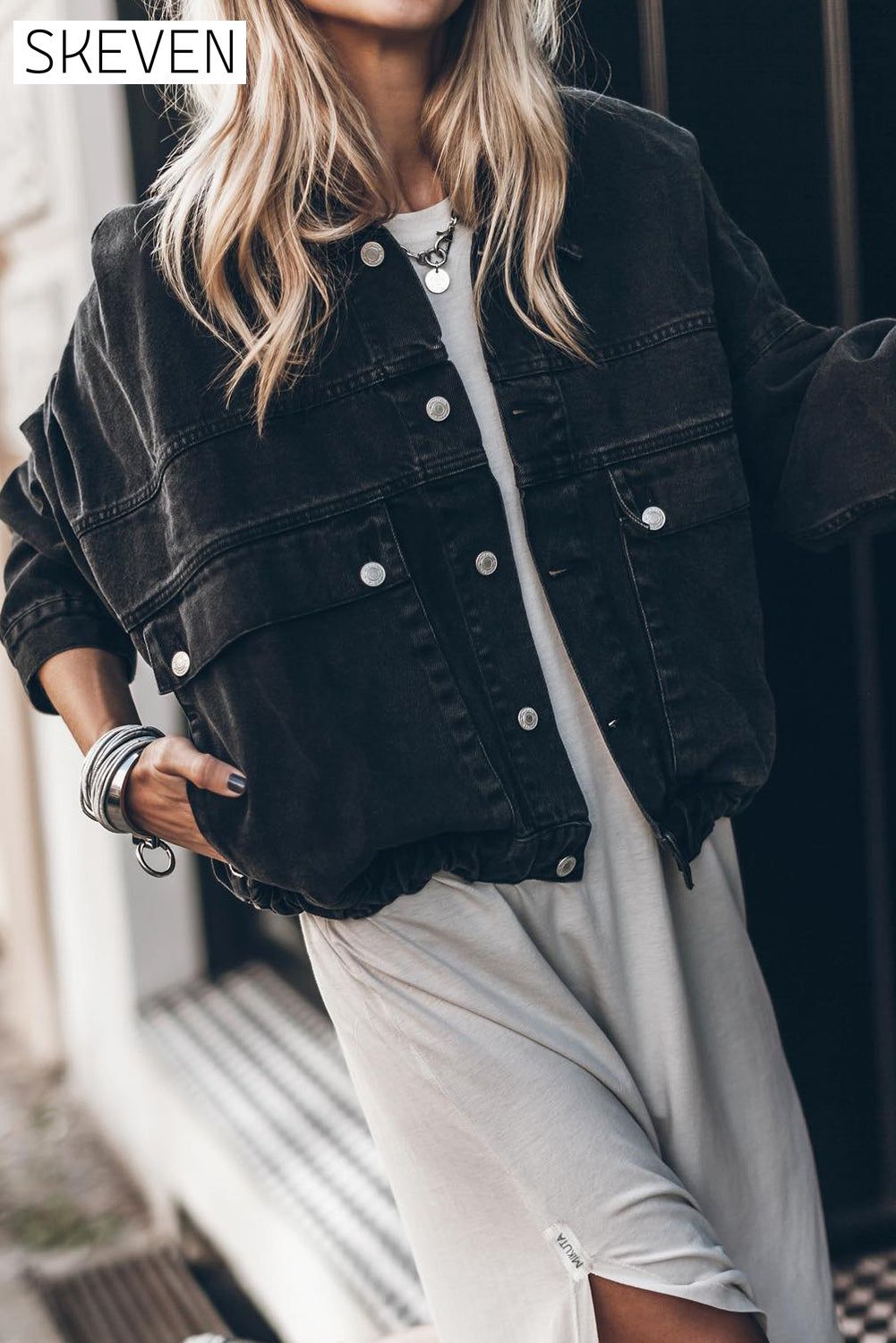 Black Metal Buttons Flap Pocket Drop Shoulder Denim Jacket All In Stock clothes EDM Monthly Recomend Fabric Denim Jackets & Coats Occasion Daily Print Solid Color Season Winter Style Casual