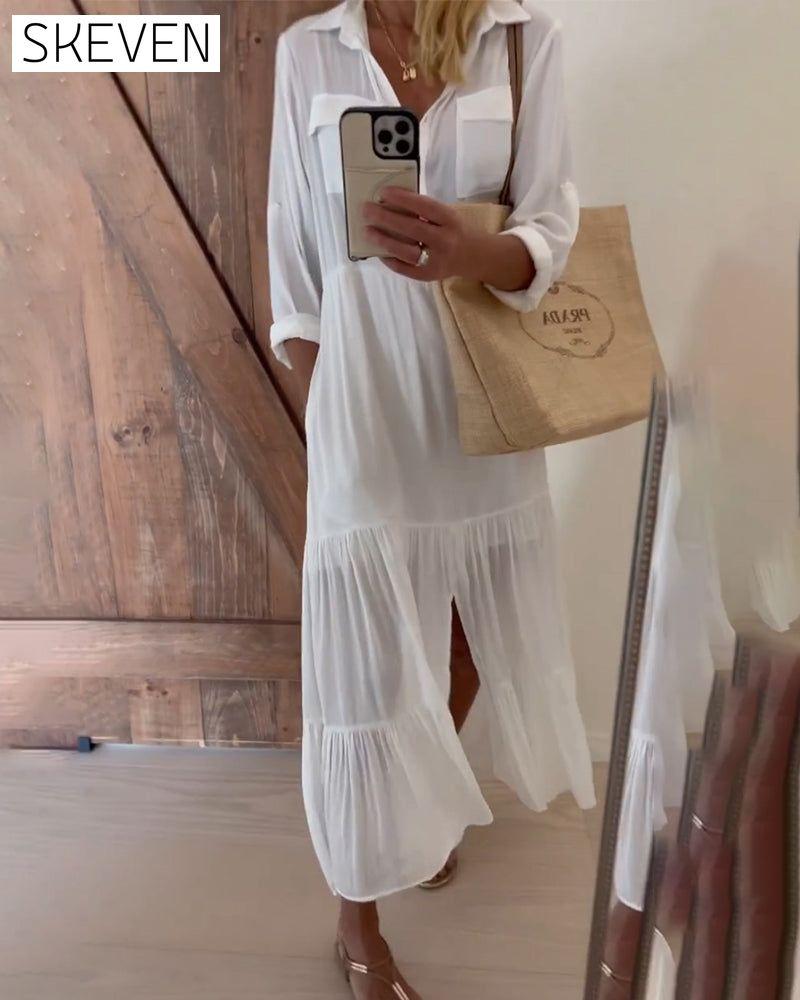 Lapel solid color patchwork casual dress
