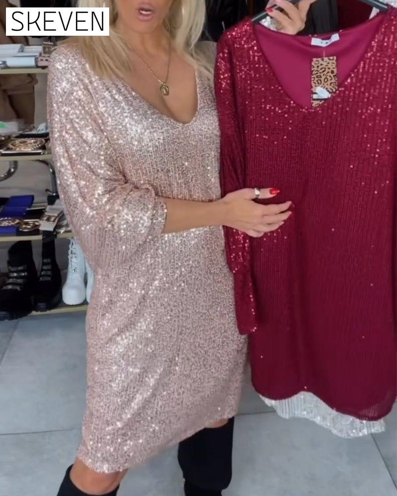 Batwing Sleeve Deep V Sequin Dress