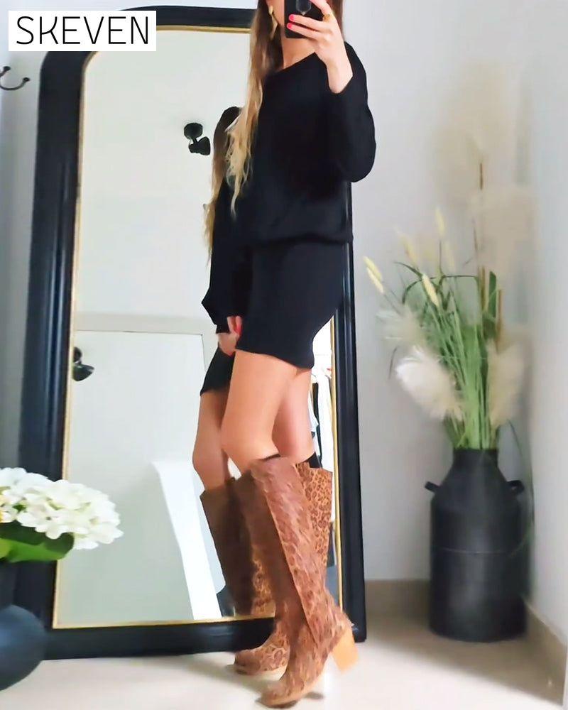 Modisches, einfarbiges Kleid mit Rundhalsausschnitt, hüftbetontem Schnitt und langen Ärmeln