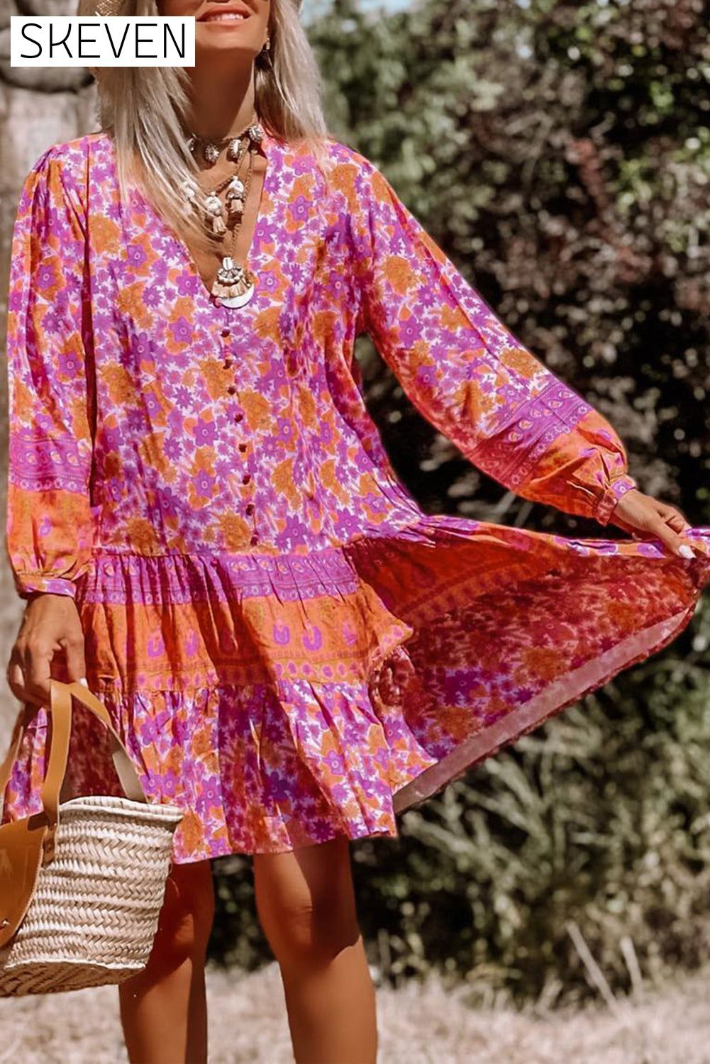 Rose Boho Floral Puff Sleeve V-Neck Ruffled Dress Rose 100%Viscose All In Stock clothes Color Pink DL Mediterranean EDM Monthly Recomend Occasion Vacation Print Floral Season Spring Silhouette A-Line Style Bohemian