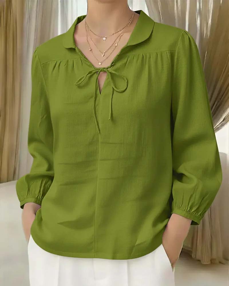 Peter Pan Collar Tie Solid Color Blouse