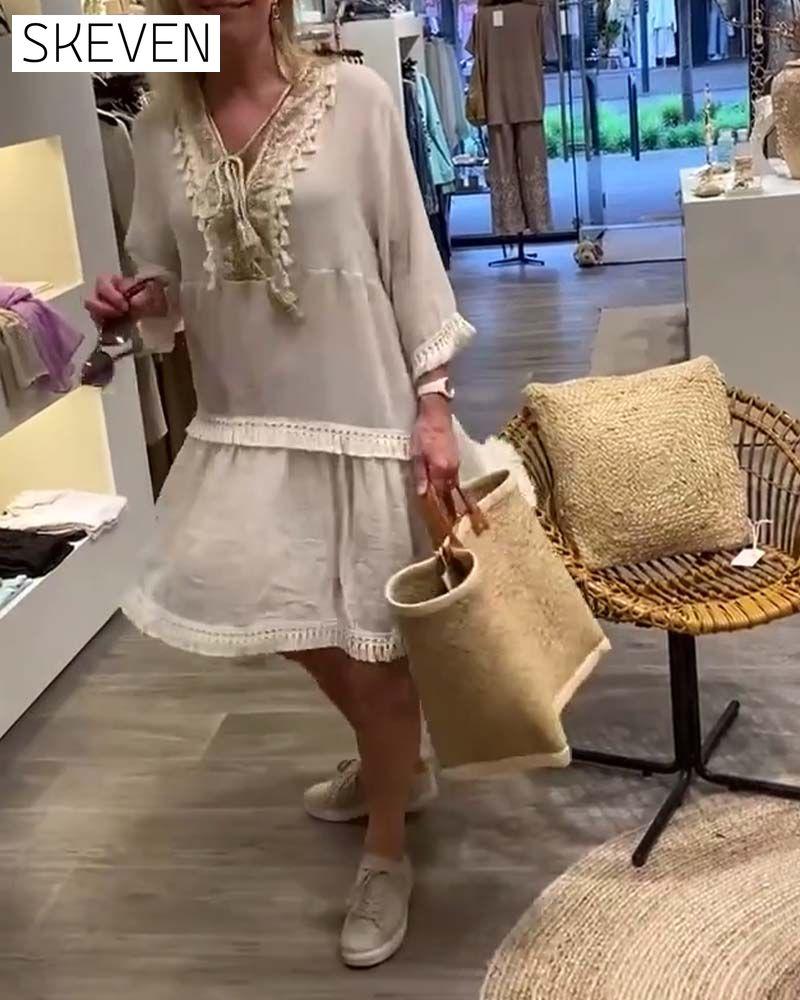 robe décontractée à franges et col en V en dentelle