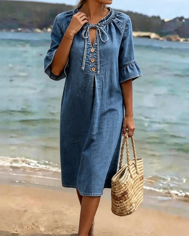 Denim Lace-Up Mid-Sleeve Dress