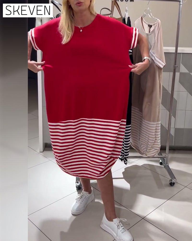 Contrast Stripe Short Sleeve Casual Dress
