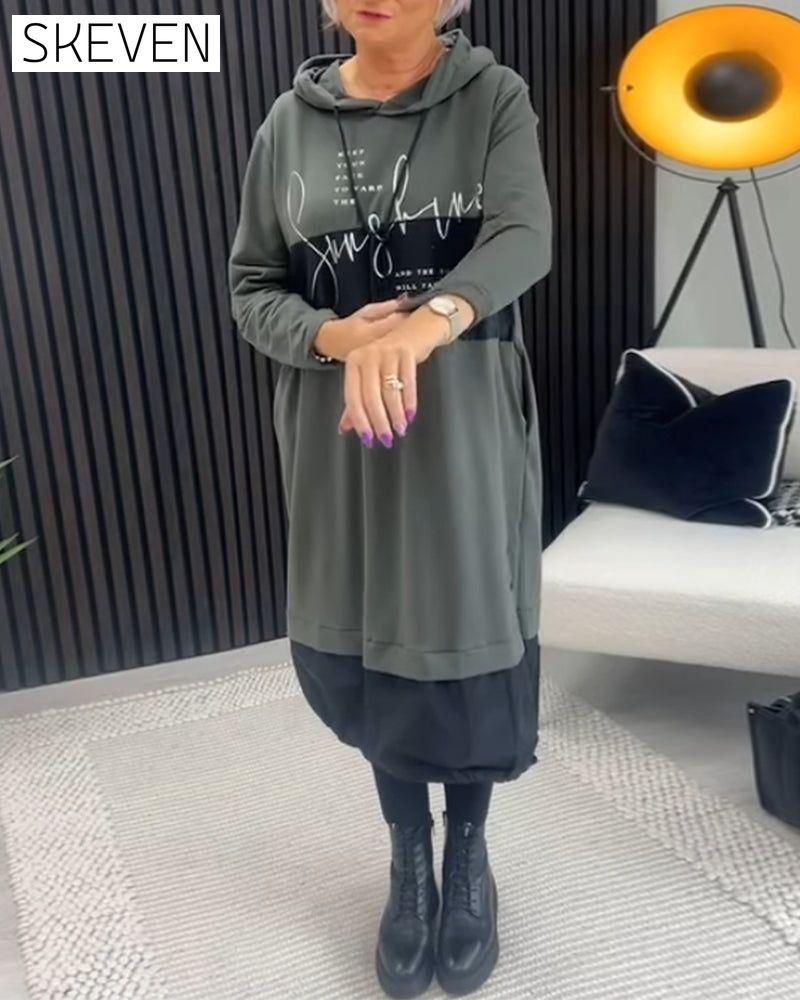 Casual color block letter print pocket hooded dress