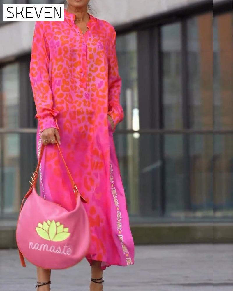 Long-Sleeved Leopard Print Slit Dress