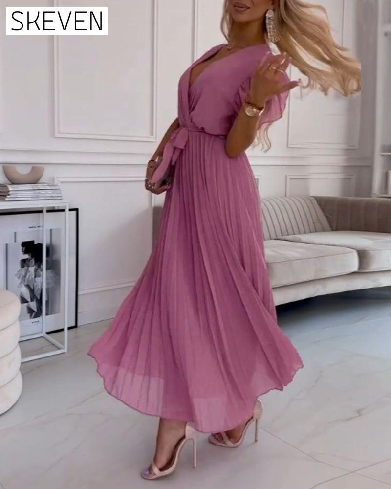 Solid color ruffled sleeves V-neck elegant dress casual dresses summer