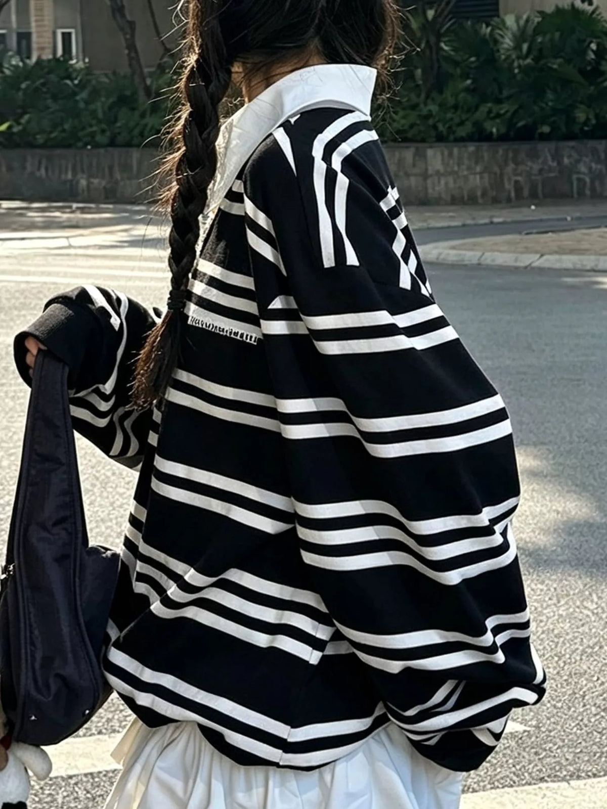 Oversized Striped  Contrast Collar Polo Top