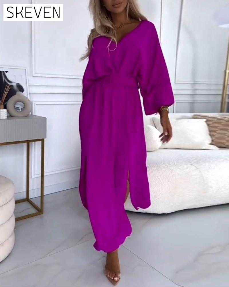 Elegant solid color V-neck slit long sleeve dress