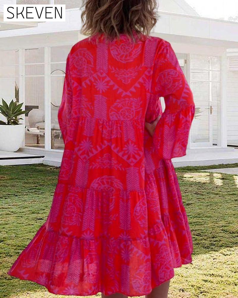 Boho Geometric Print 3/4 Sleeve Dress 23BF Casual Dresses Clothes Dresses Spring Summer
