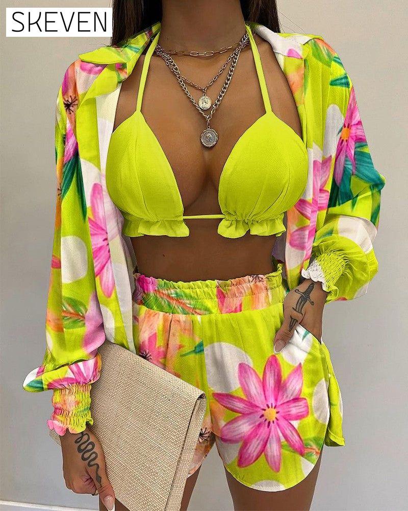 Balloon sleeve shirt bikini three piece set