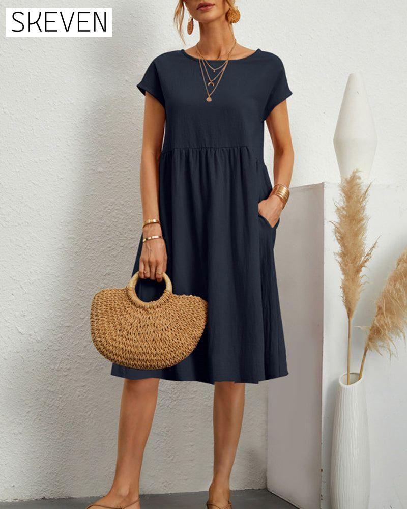 Round neck loose cotton and linen dress Dark Blue 23BF casual dresses Clothes Cotton and Linen discount Dresses Spring summer