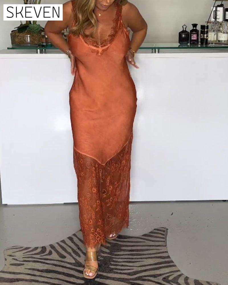Solid color lace suspender dress