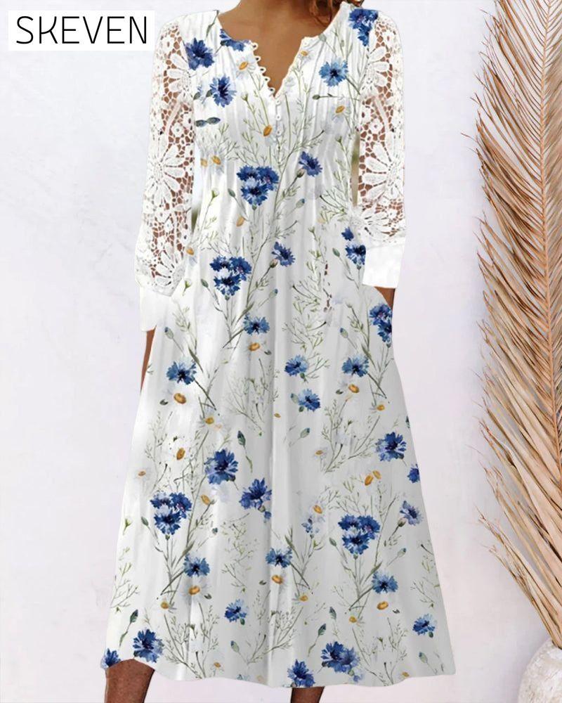 Lace Dress with Floral Print 23BF Casual Dresses Clothes Dresses SALE Spring Summer