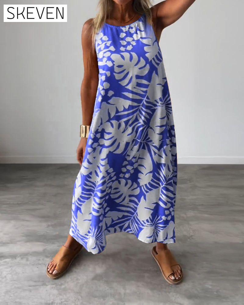 Leaf print casual sleeveless dress