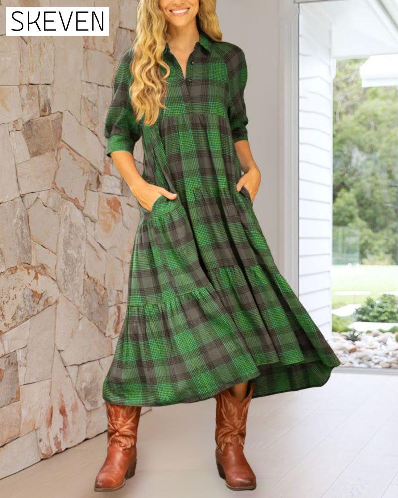 Lapel Plaid Half-Sleeved Dress