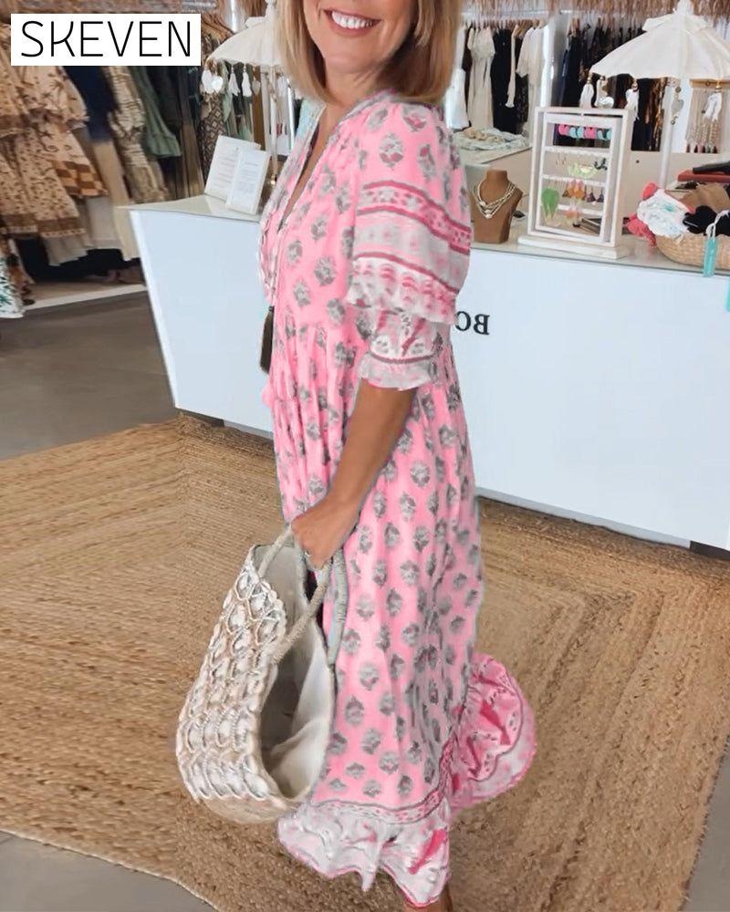 Lässiges bedrucktes Kleid mit V-Ausschnitt und halben Ärmeln