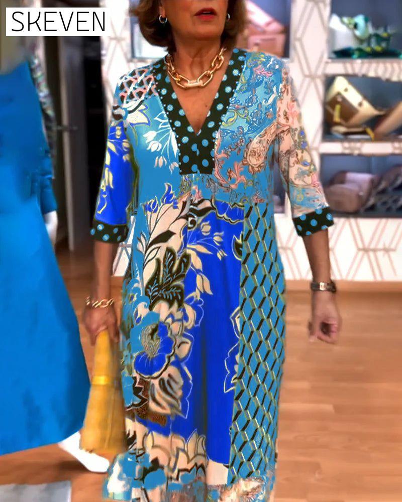 V-neck Printed Slit Dress