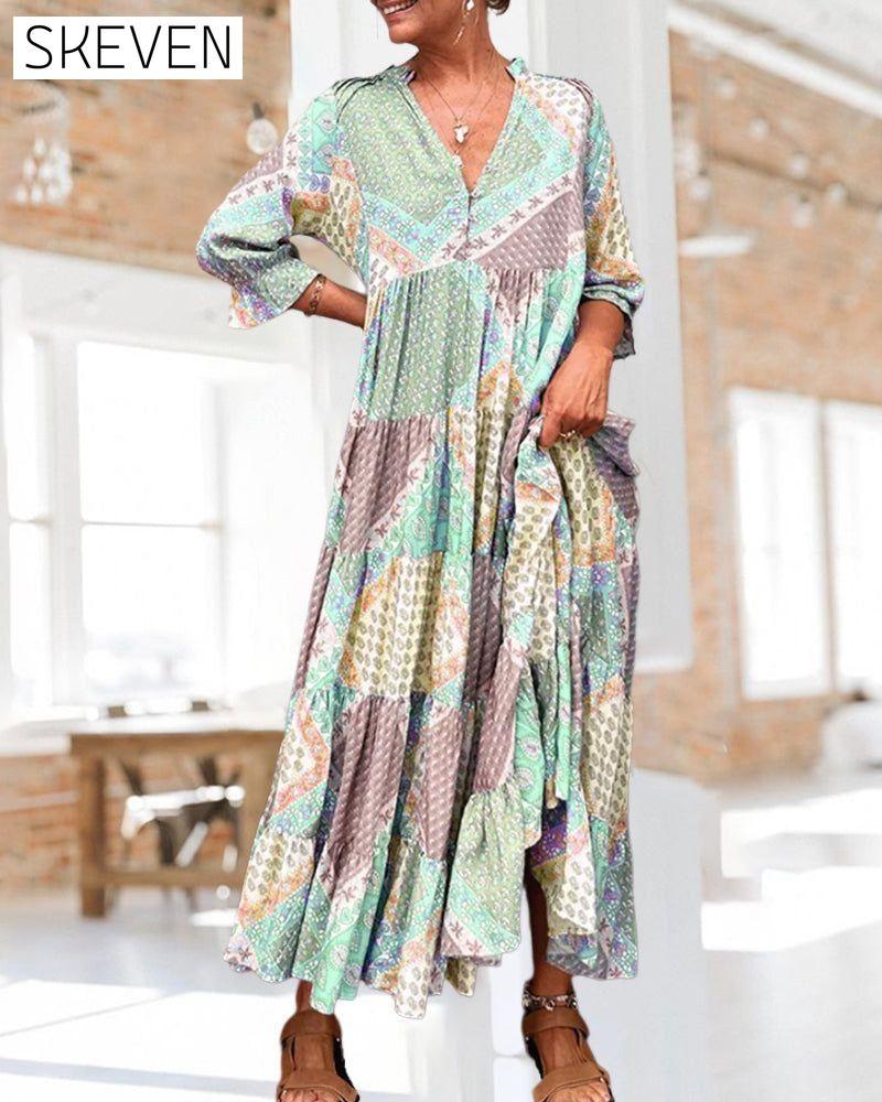 Color Block Print Dress with 3/4 Sleeves 23BF Casual Dresses Clothes Dresses Spring Summer