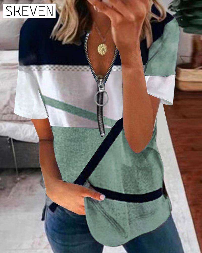 Zip print short sleeve t-shirt Green 23BF clothes Short Sleeve Tops Summer T-shirts Tops/Blouses
